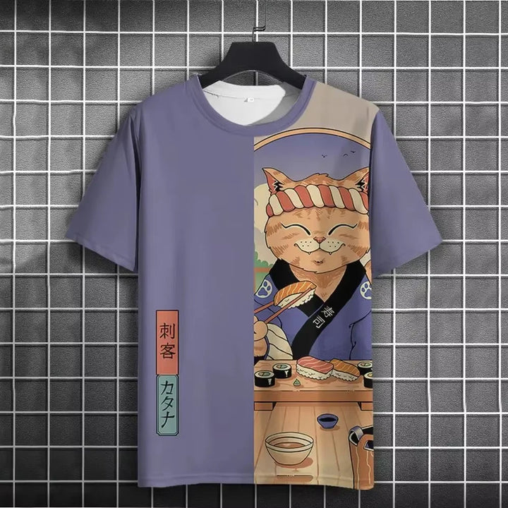 T-shirt Japonais Imprimé Chat fluide