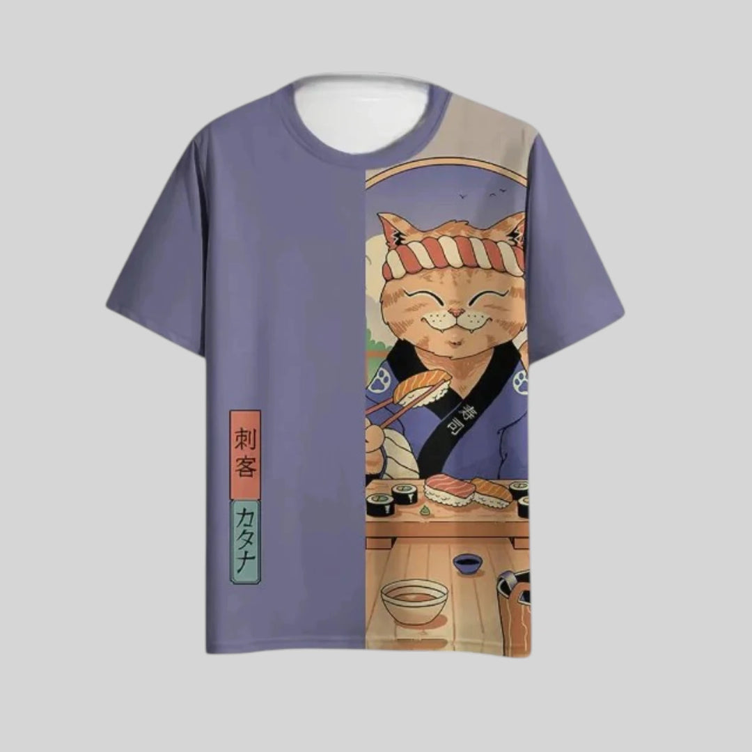 T-shirt Japonais Imprimé Chat violet