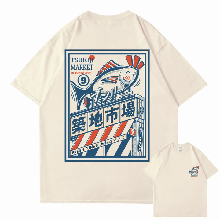 T-shirt Japonais Imprimé Vintage Bleu Beige
