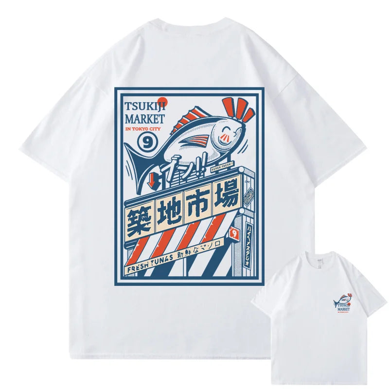 T-shirt Japonais Imprimé Vintage Bleu Blanc