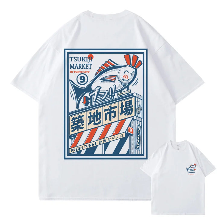 T-shirt Japonais Imprimé Vintage Bleu Blanc