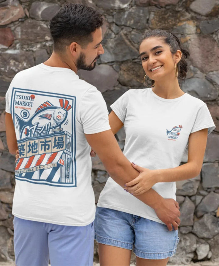 T-shirt Japonais Imprimé Vintage Bleu Chic