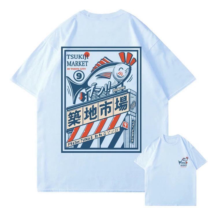 T-shirt Japonais Imprimé Vintage Bleu Clair