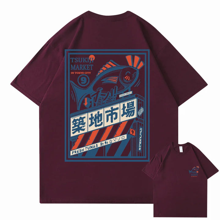 T-shirt Japonais Imprimé Vintage Bleu Grenat