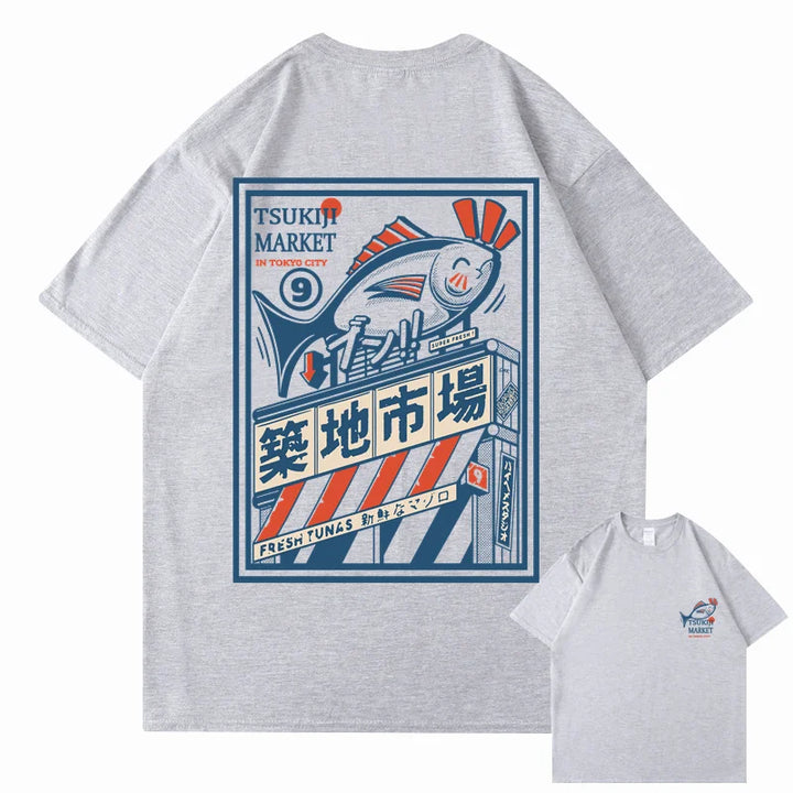 T-shirt Japonais Imprimé Vintage Bleu Gris 