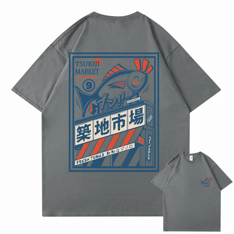 T-shirt Japonais Imprimé Vintage Bleu Gris Foncé