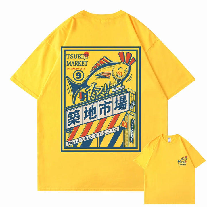 T-shirt Japonais Imprimé Vintage Jaune