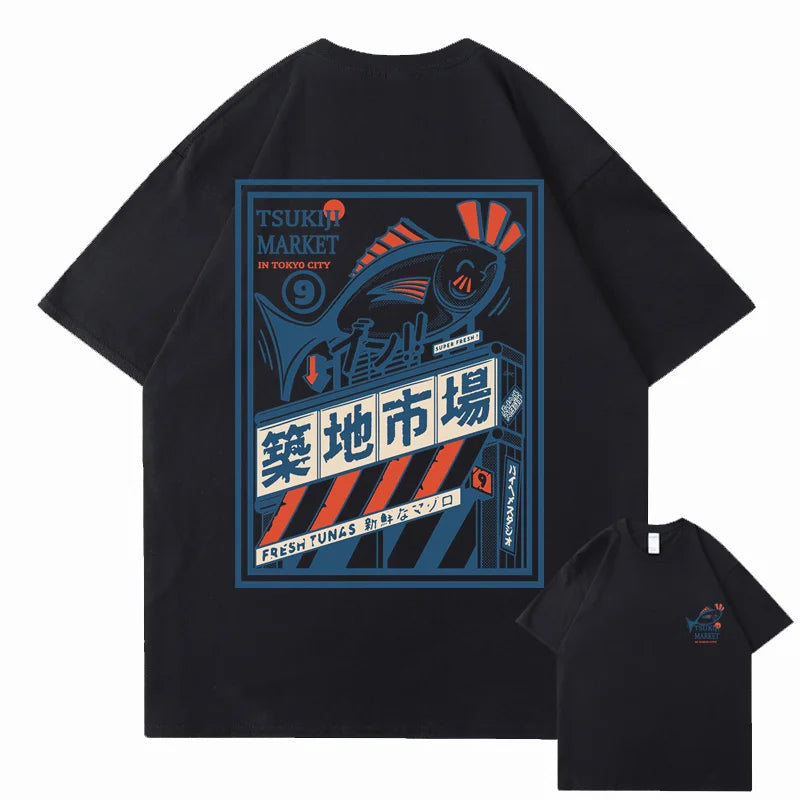 T-shirt Japonais Imprimé Vintage Noir