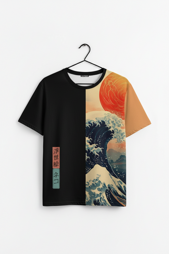 T-shirt Japonais Soleil et Vague fluide