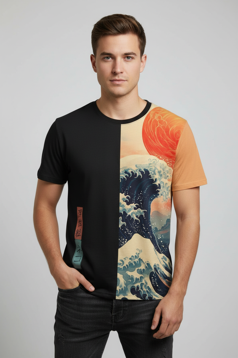 T-shirt Japonais Soleil et Vague léger
