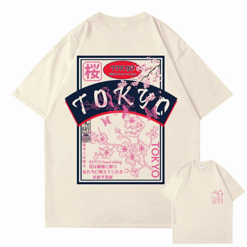 T-shirt Japonais Streetwear Tokyo Sakura Beige