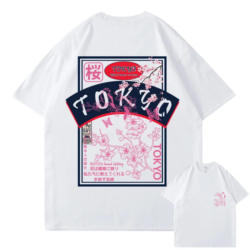 T-shirt Japonais Streetwear Tokyo Sakura Blanc