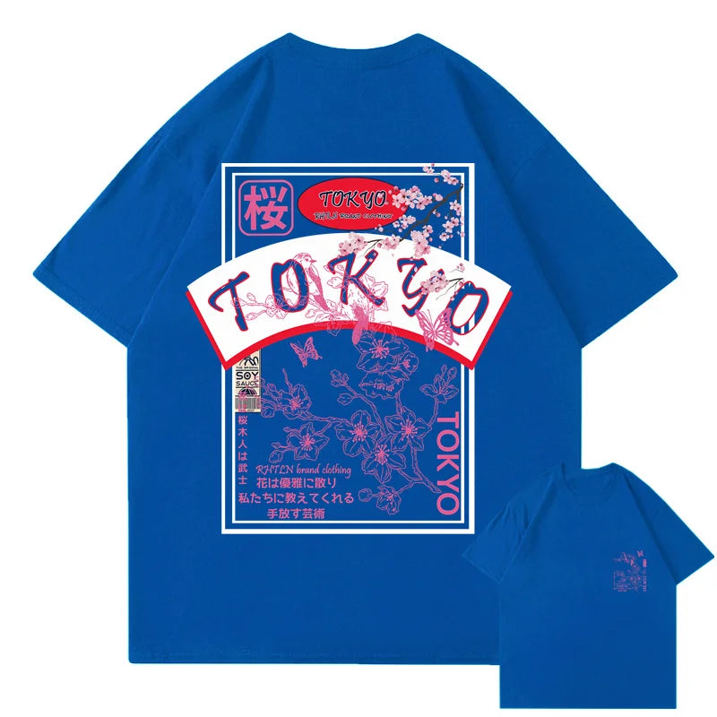 T-shirt Japonais Streetwear Tokyo Sakura Bleu