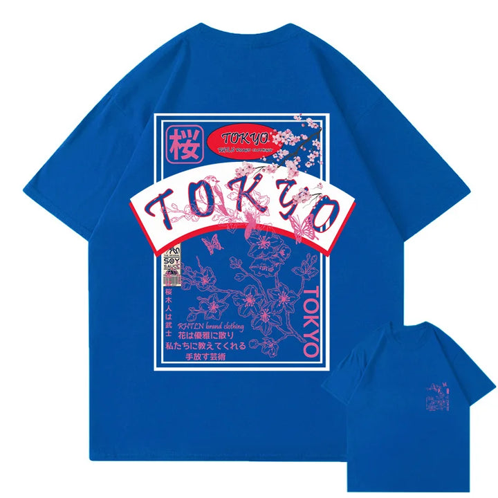 T-shirt Japonais Streetwear Tokyo Sakura Bleu
