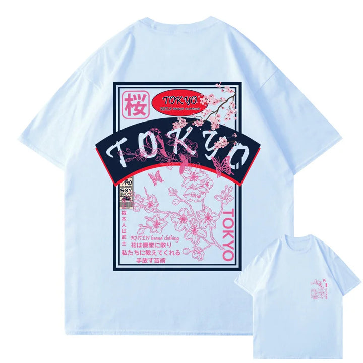 T-shirt Japonais Streetwear Tokyo Sakura Bleu Clair