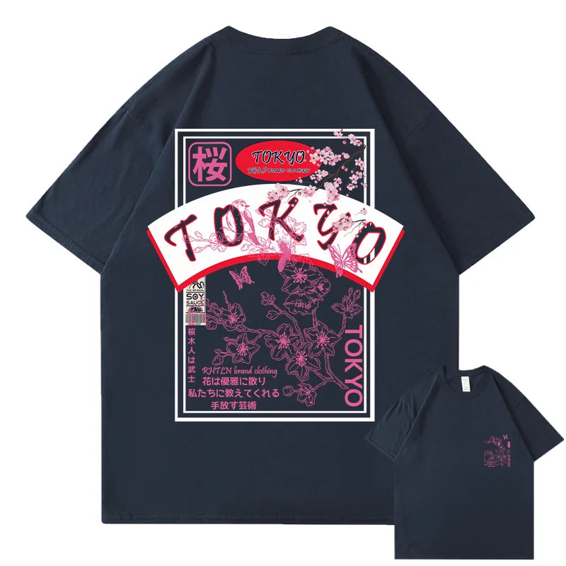 T-shirt Japonais Streetwear Tokyo Sakura Bleu Foncé