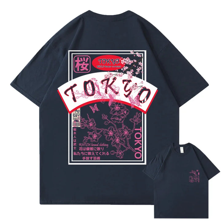 T-shirt Japonais Streetwear Tokyo Sakura Bleu Foncé