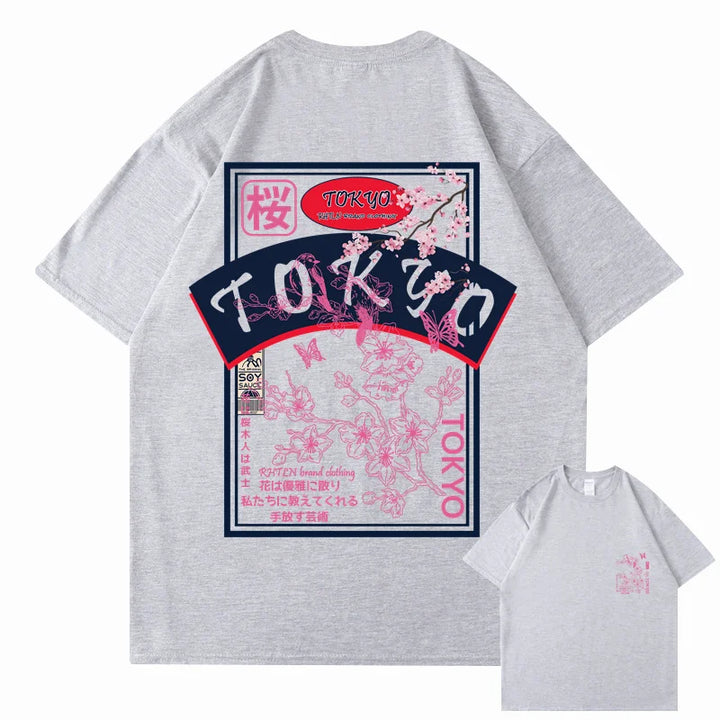 T-shirt Japonais Streetwear Tokyo Sakura Gris
