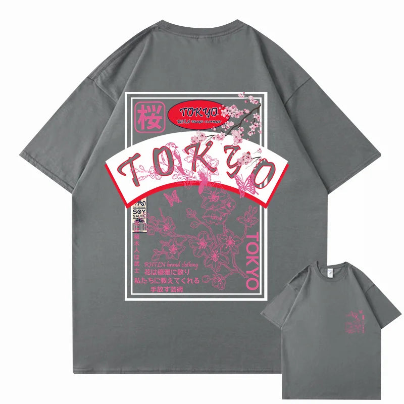 T-shirt Japonais Streetwear Tokyo Sakura Gris Foncé