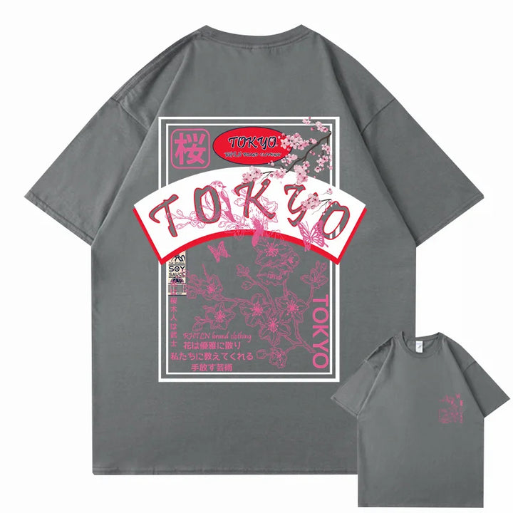 T-shirt Japonais Streetwear Tokyo Sakura Gris Foncé