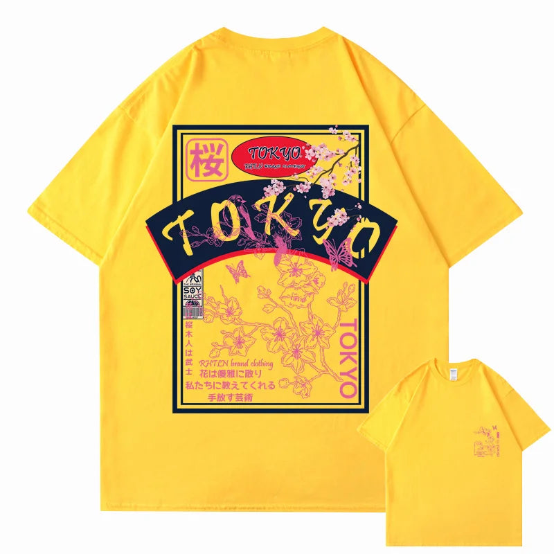 T-shirt Japonais Streetwear Tokyo Sakura Jaune
