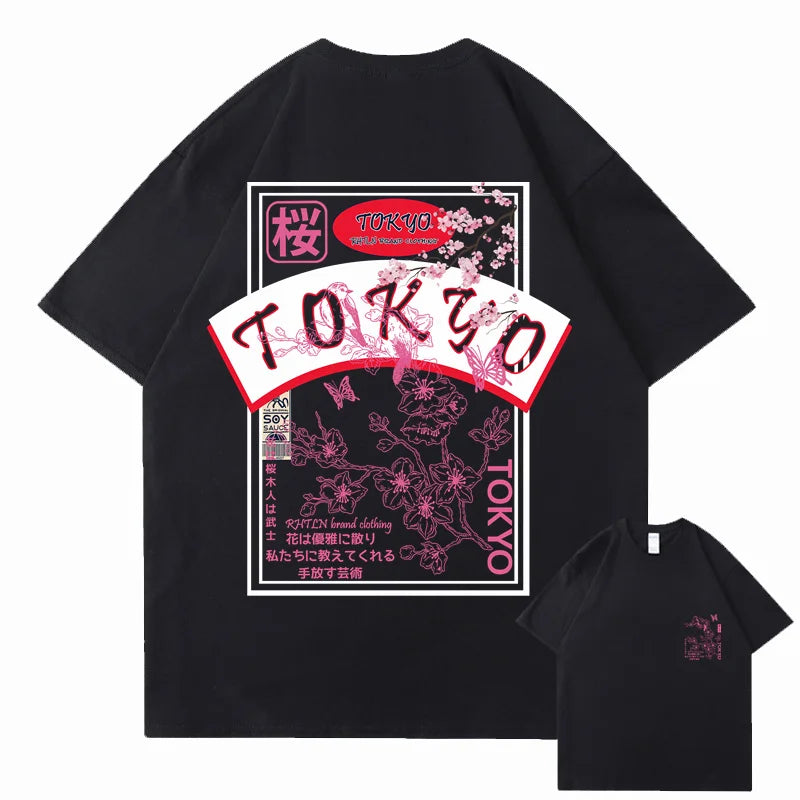 T-shirt Japonais Streetwear Tokyo Sakura Noir