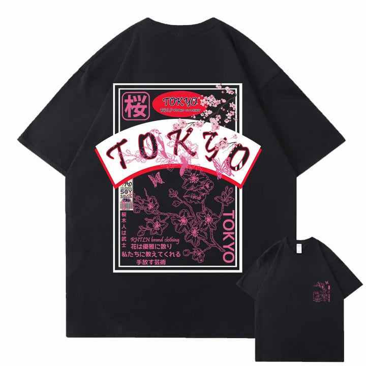 T-shirt Japonais Streetwear Tokyo Sakura Noir