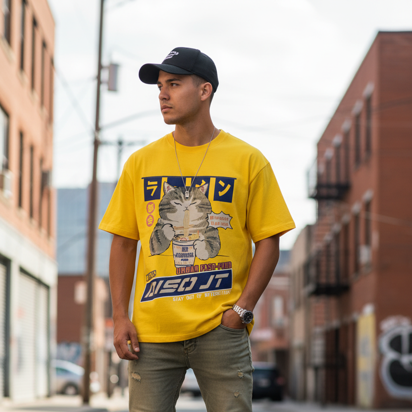 T-shirt Japonais Streetwear en Coton Jaune