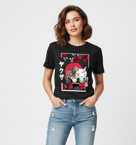 T-shirt Japonais en Coton Chat Design Noir