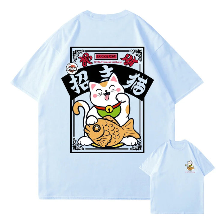T-shirt Maneki Neko Japonais Bleu Clair