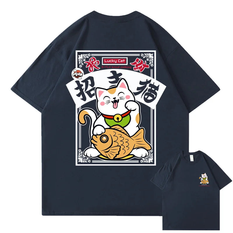 T-shirt Maneki Neko Japonais Bleu Foncé
