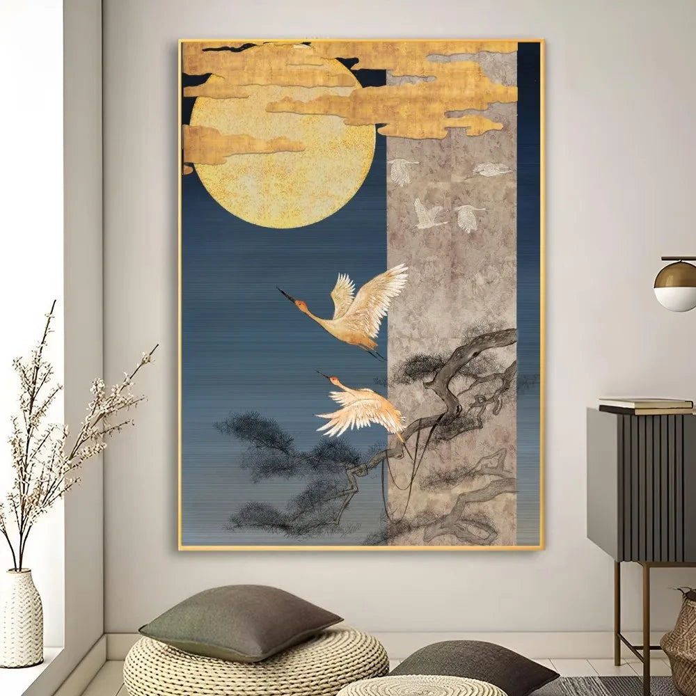 Tableau Japonais motif Grues et Lune