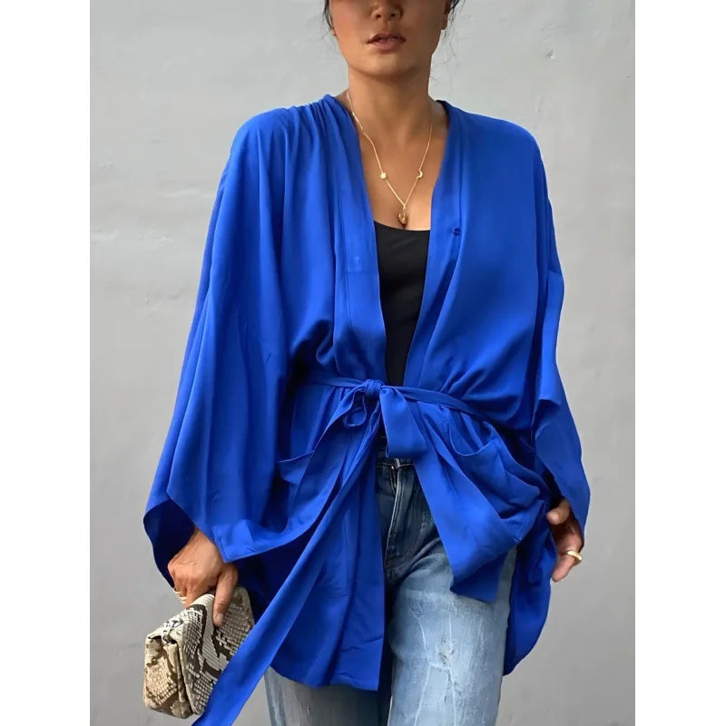 Veste Kimono Femme Bleue en Coton Unique