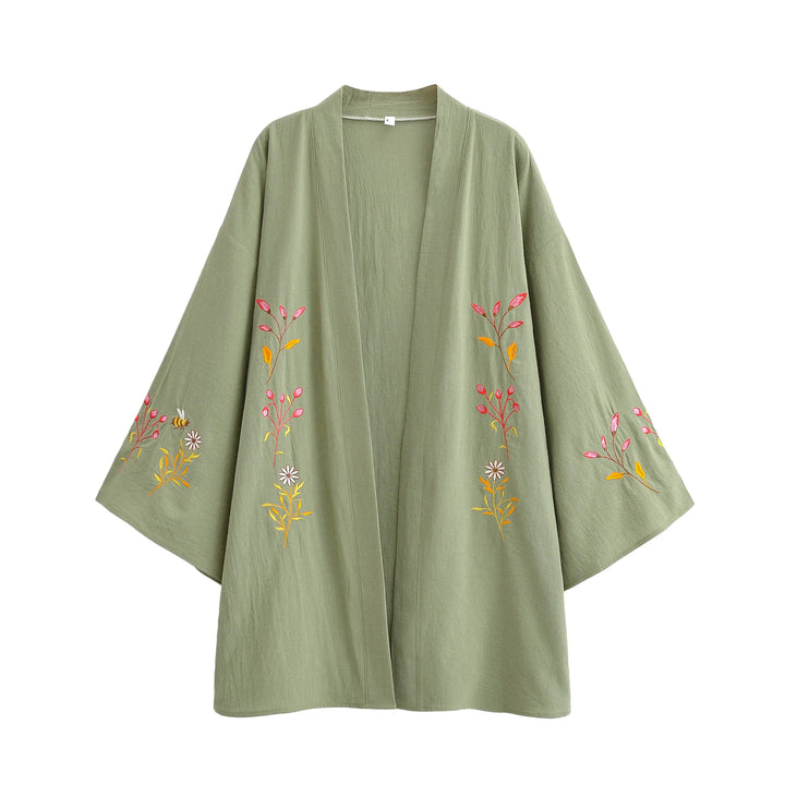 Veste Kimono Femme Bohème Brodée Vert