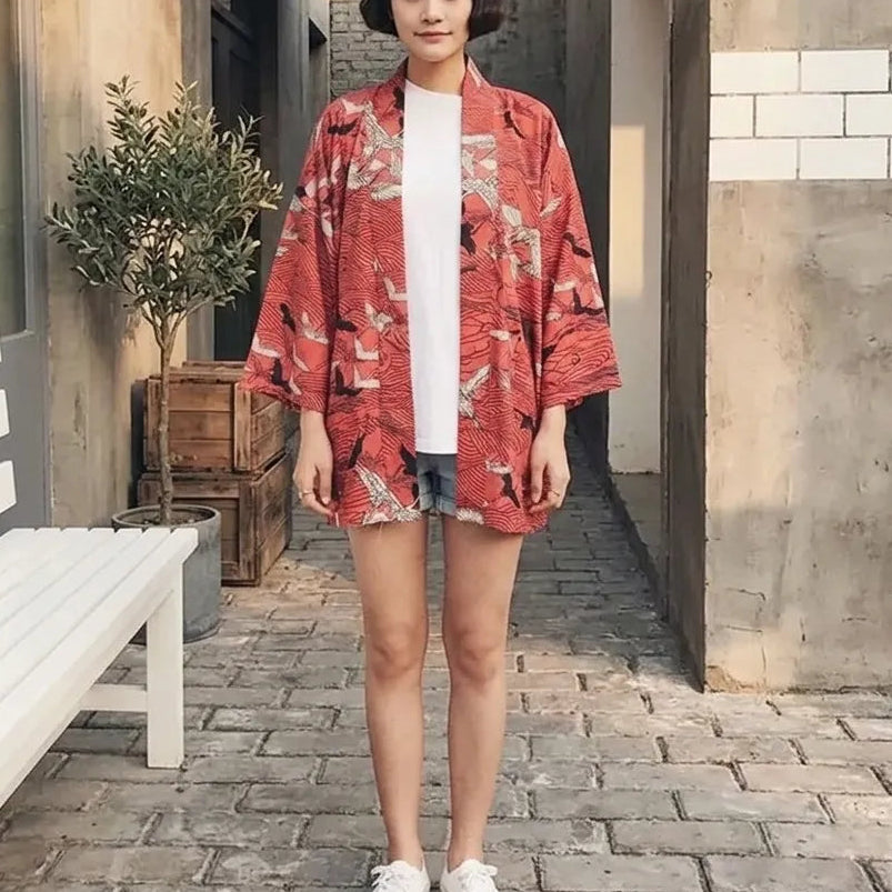 Veste Kimono Femme Grues Rouge