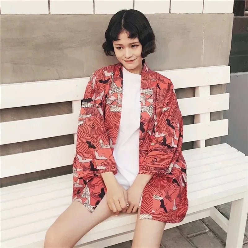 Veste Kimono Femme Grues Rouge Confortable
