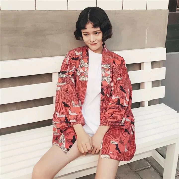 Veste Kimono Femme Grues Rouge Confortable