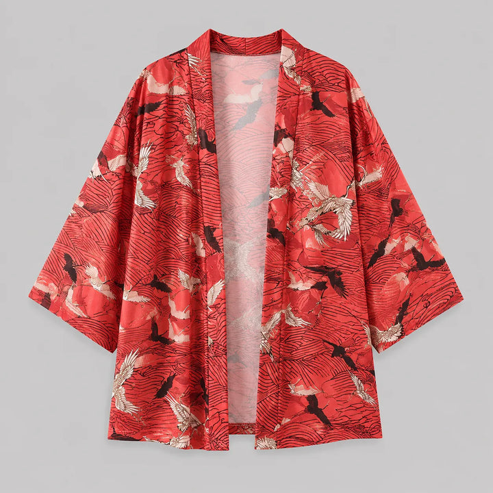 Veste Kimono Femme Grues Rouge Originale