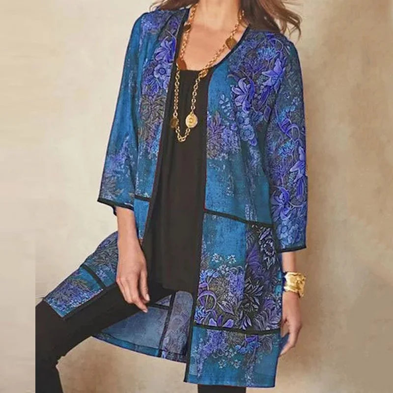 Veste Kimono Femme Mi-longue Imprimée Bleu