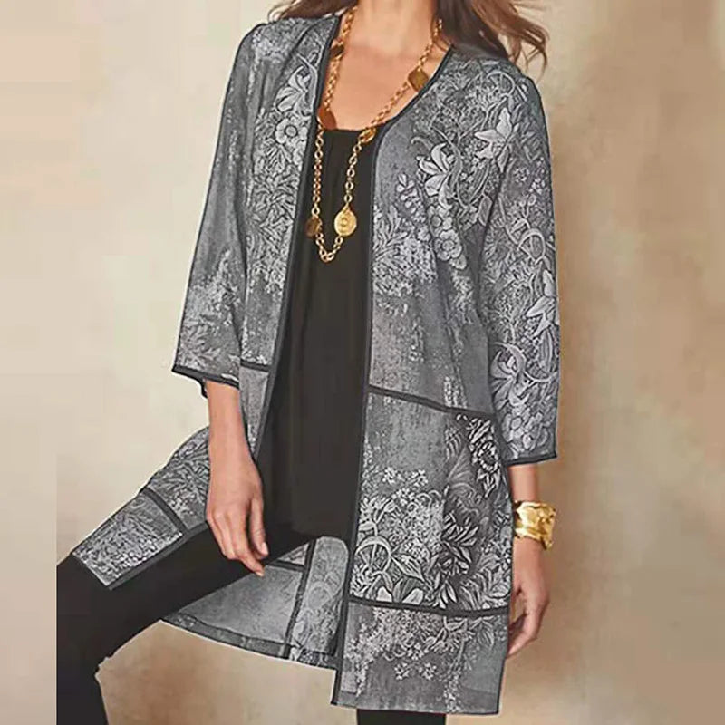 Veste Kimono Femme Mi-longue Imprimée Gris