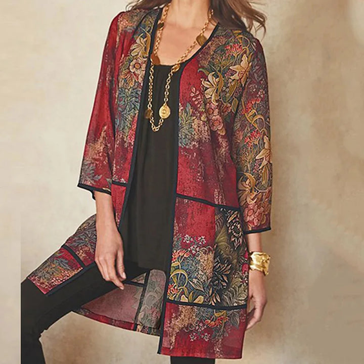 Veste Kimono Femme Mi-longue Imprimée Rouge