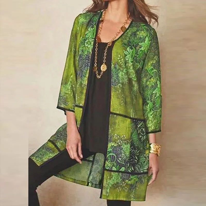 Veste Kimono Femme Mi-longue Imprimée Vert