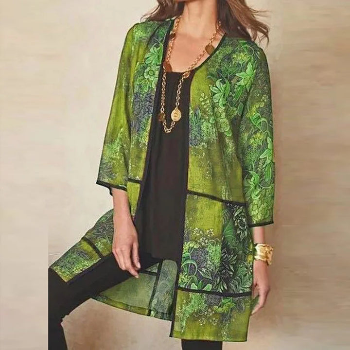 Veste Kimono Femme Mi-longue Imprimée Vert