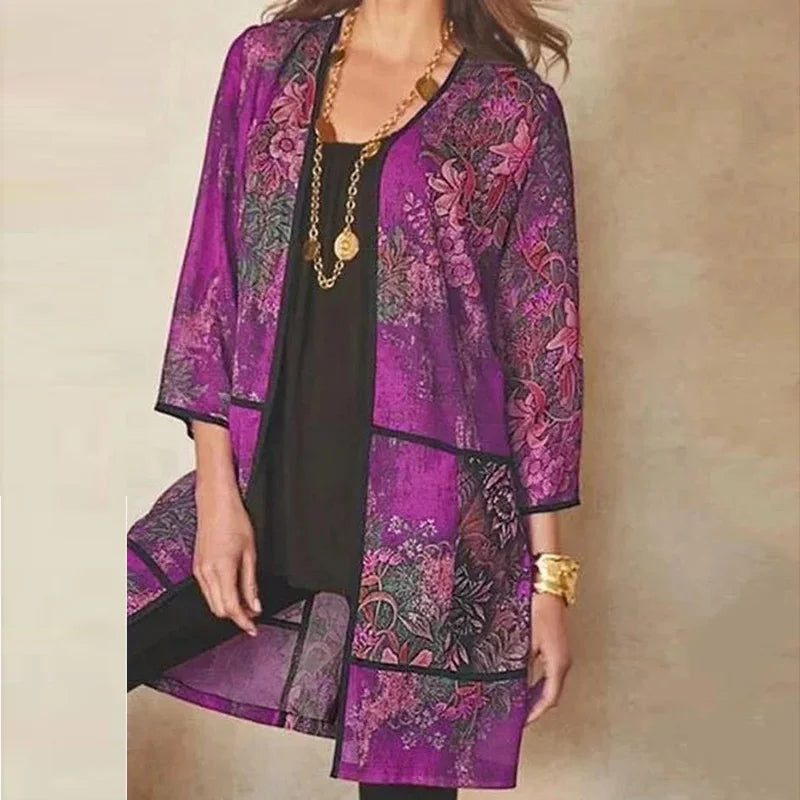 Veste Kimono Femme Mi-longue Imprimée Violet