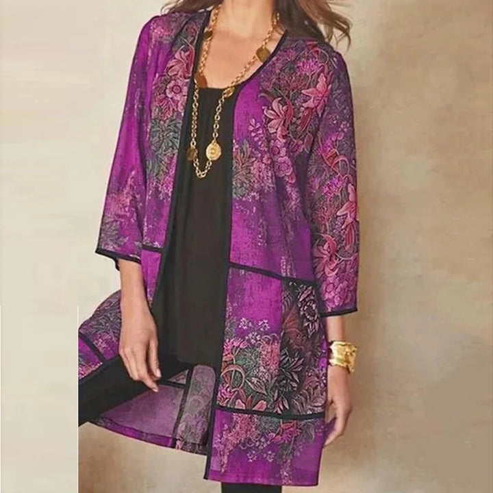 Veste Kimono Femme Mi-longue Imprimée Violet