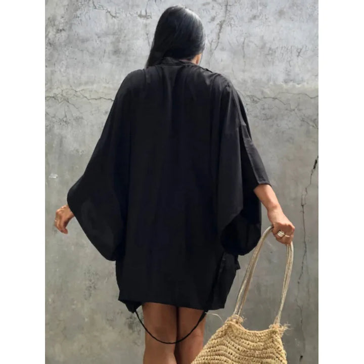 Veste Kimono Femme Noire Ample en Coton Dos