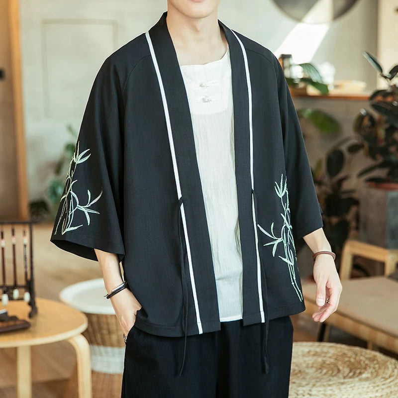 Veste Kimono Homme à Motifs Bambou Noir