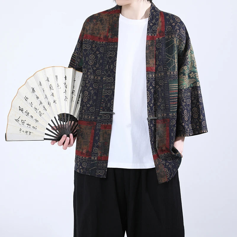 Veste Kimono Japonais Bleu à Motifs