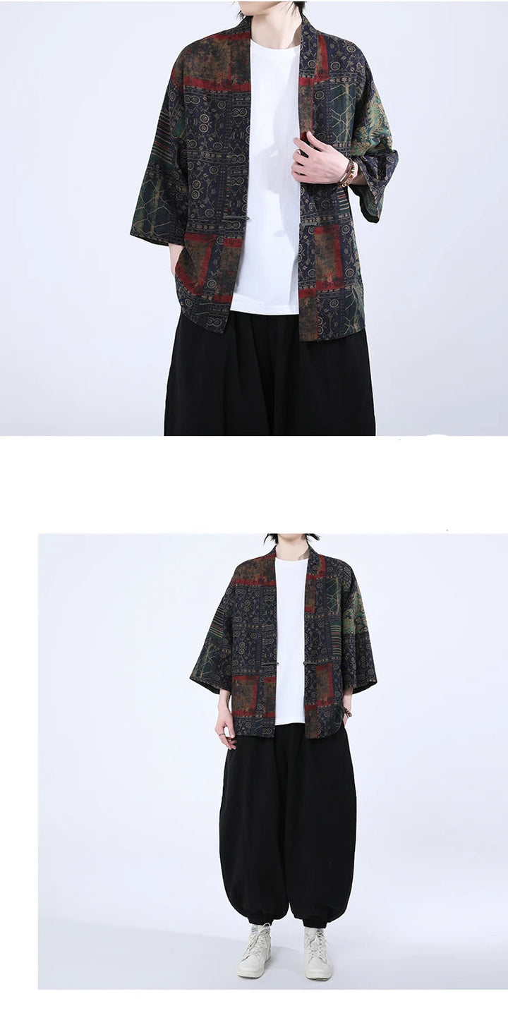 Veste Kimono Japonais Bleu à Motifs stylé