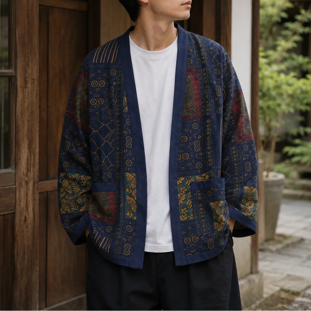 Veste Kimono Japonais Bleu Rétro